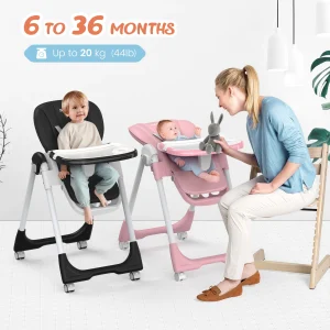 CE/CPC Certified, Adjustable Baby High Chair, 5-Point Harness, 3-Tier Tray, Wheels