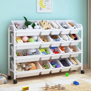 Kids Toy Storage Organizer with 20 Plastic Bins, 4-Tier Metal Toy Storage Rack, Extra Large Toy Organizer and Storage Bins for K