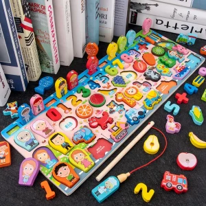 3D Preschool Children Educational Toys Wooden Montessori Arithmetic Magnetic Fishing Digital Shape Matching Building Block Toys