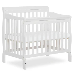Aden 4-in-1 Convertible Mini Baby Crib in White, GreenGuard Gold & JPMA, Sustainable Pinewood, Non-Toxic Finish, 3 Mattress