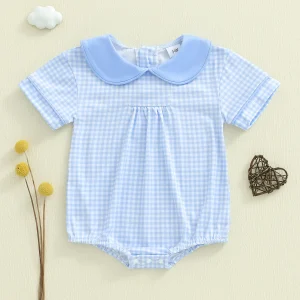 Adorable Baby Girl Boy Rompers with Short Sleeves and Plaid Print Featuring a Sweet Doll Collar and Jumpsuit Design for Cute