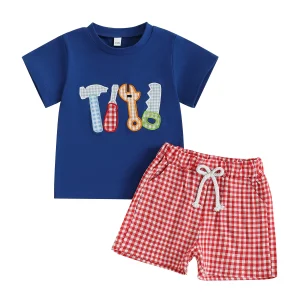 Adorable Baby Boys Summer Outfits with Cute Animal Embroidery Short Sleeves T-Shirt and Comfortable Plaid Shorts - 2 Piece