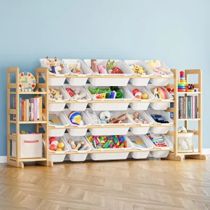 Toy Storage Organizer with 6 Shelves and 20 Bins, Kids Bookshelf for Bedroom Playroom Organization, White