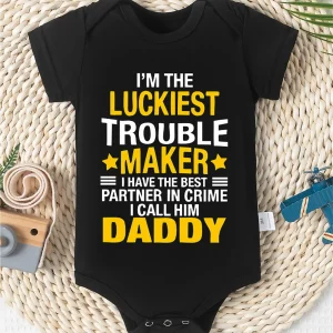 Baby Bodysuit Summer Crew Neck Fit Short Sleeve Infant Romper , Onesie, with Alphabet Print "I'm The Luckiest Trouble Maker"