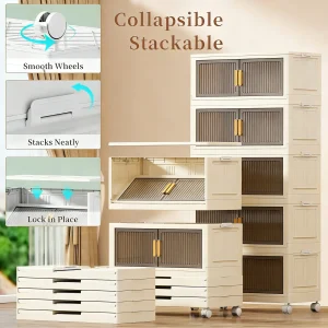 Collapsible Sturdy Storage Cabinet with Drawers and Wheels - Roomy Multi-purpose PP Organizer - Durable Storage Shelf