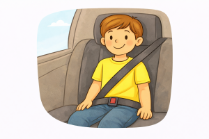 Child sitting properly in the back seat of a car with the seat belt positioned correctly