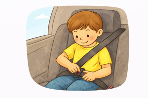 Child adjusting seat belt position while sitting in the back seat of a car