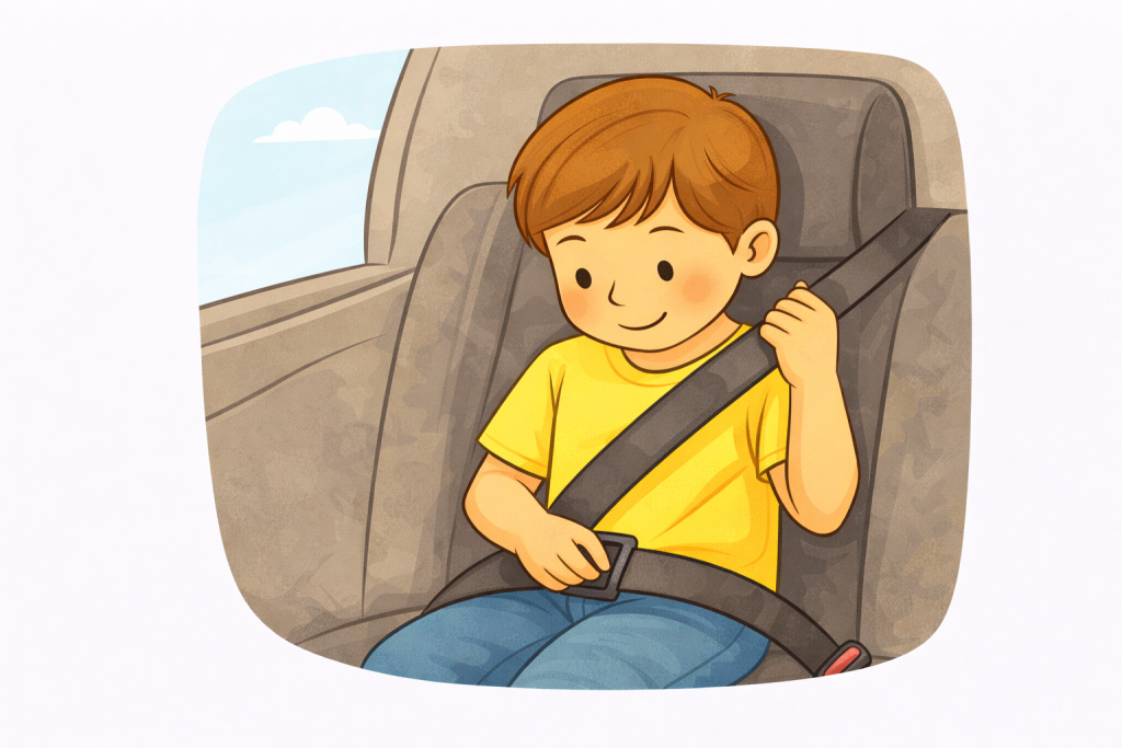 Child adjusting seat belt properly while sitting in the back seat of a car
