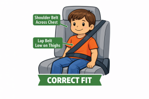 Child sitting with correct seatbelt fit with shoulder belt across chest and lap belt low on thighs