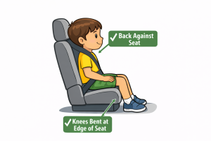 Child sitting correctly in vehicle seat with back against the seat and knees bent at the seat edge