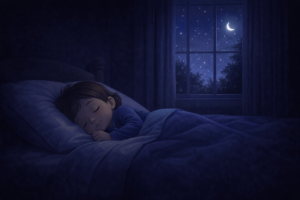 child sleeping peacefully in a dark room under moonlight