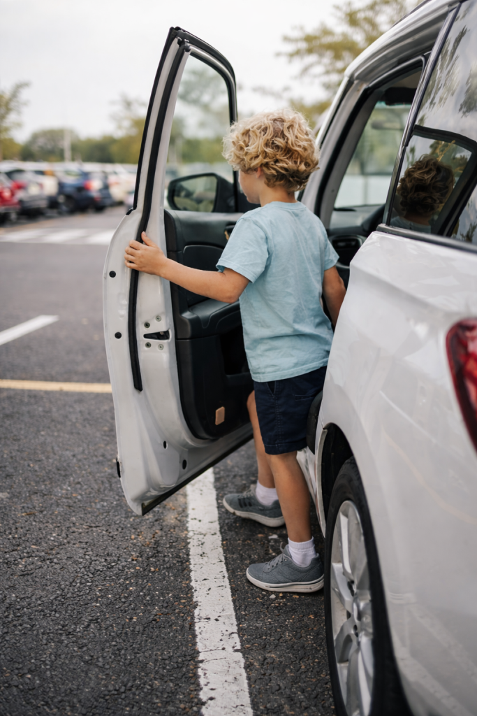 Child getting out of a parked car independently in a parking lot