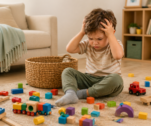 Child looking overwhelmed by too many toys on the floor