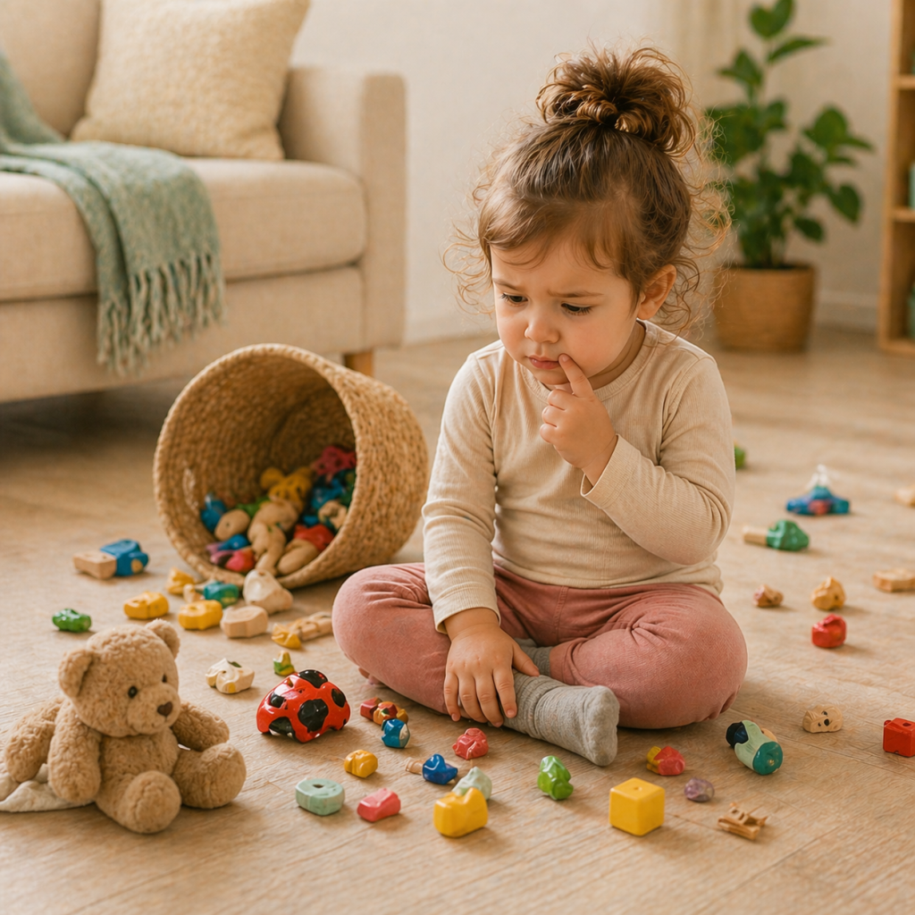 Child sitting with toys not cleaning up