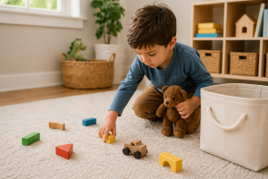Child picking up toys and placing them into a basket on the floor