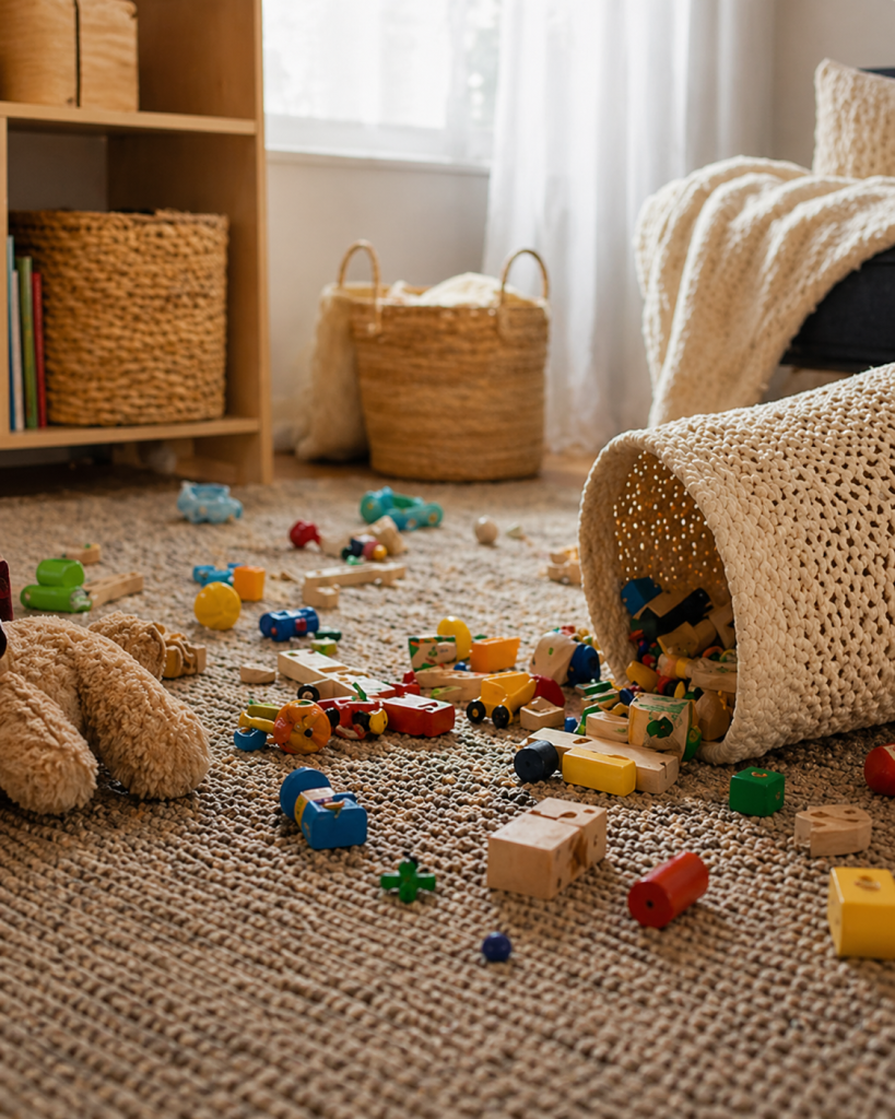 Messy playroom floor with scattered toys and a tipped basket, showing a typical kids’ cleanup situation