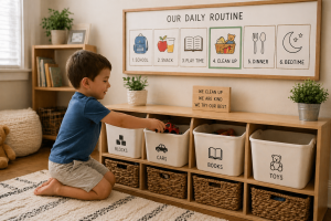 Child putting toys into labeled bins during daily cleanup routine