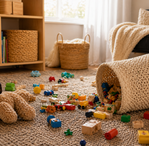 Messy playroom with toys scattered on the floor and a tipped basket, showing a child’s cleanup task in progress