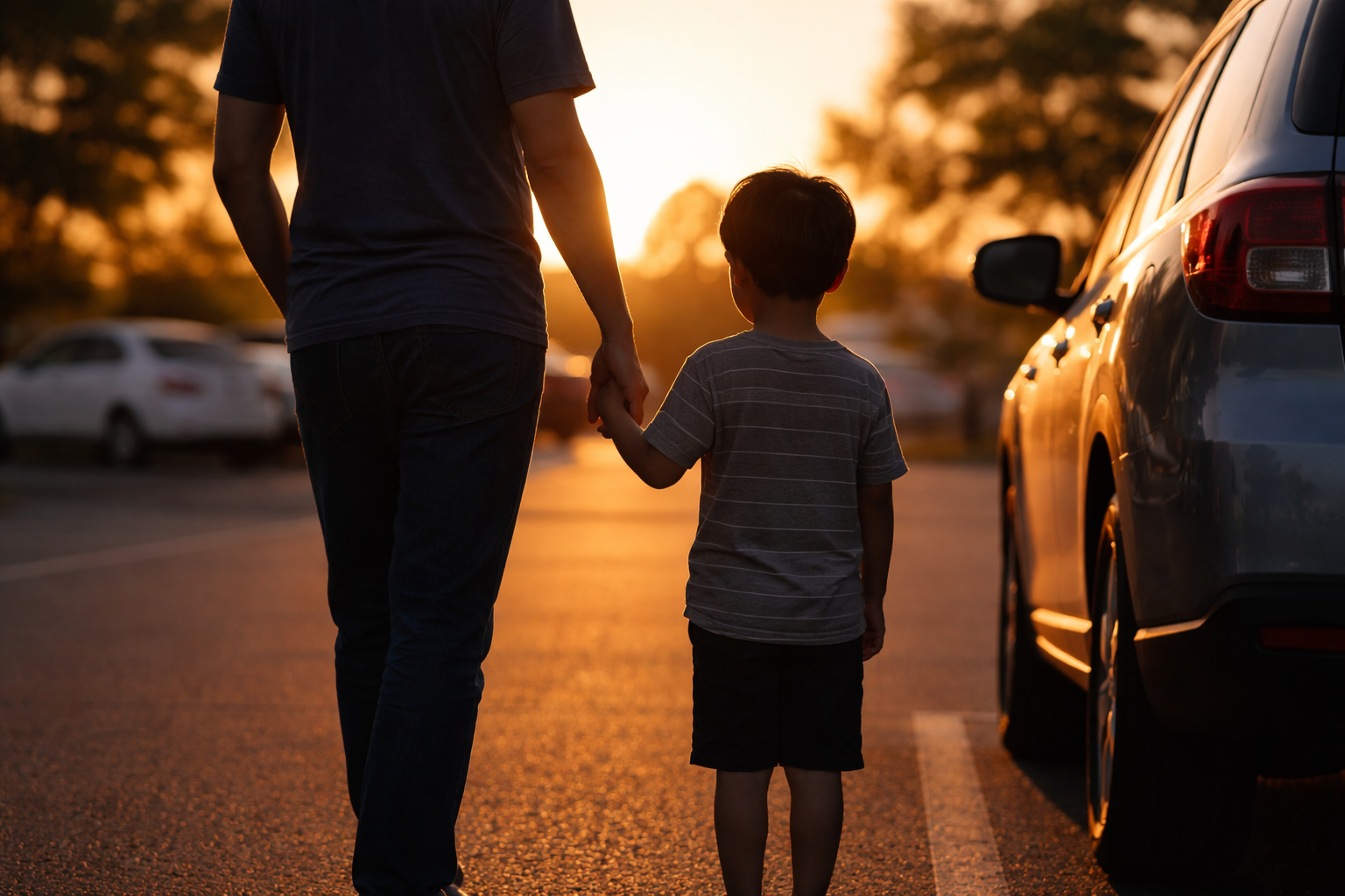 Parent and child walking beside a parked car in a parking lot at sunset