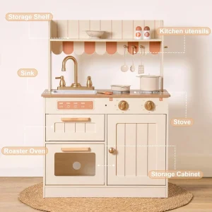 Kids Realistic Vintage Style Wooden Kitchen Playset with Sink, Oven, Stove, Cabinet