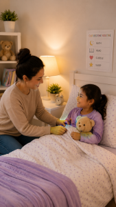 Parent tucking a child into bed during a calm bedtime routine.