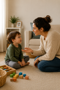 Mother and young child calmly interacting face-to-face in a cozy home environment.