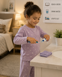 Child calmly brushing her teeth as part of a bedtime routine.