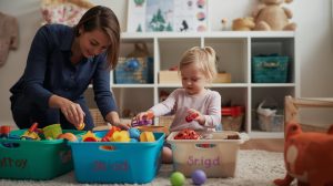 Parent calmly helping child follow through on cleaning up toys at home