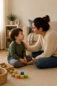 Mother and young child sharing a calm connected moment together at home.