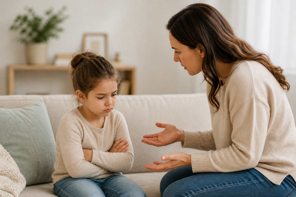 Parent talking to child who is not responding during a calm conversation at home