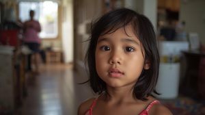 Child looking forward while parent stands in the background during a moment of not listening