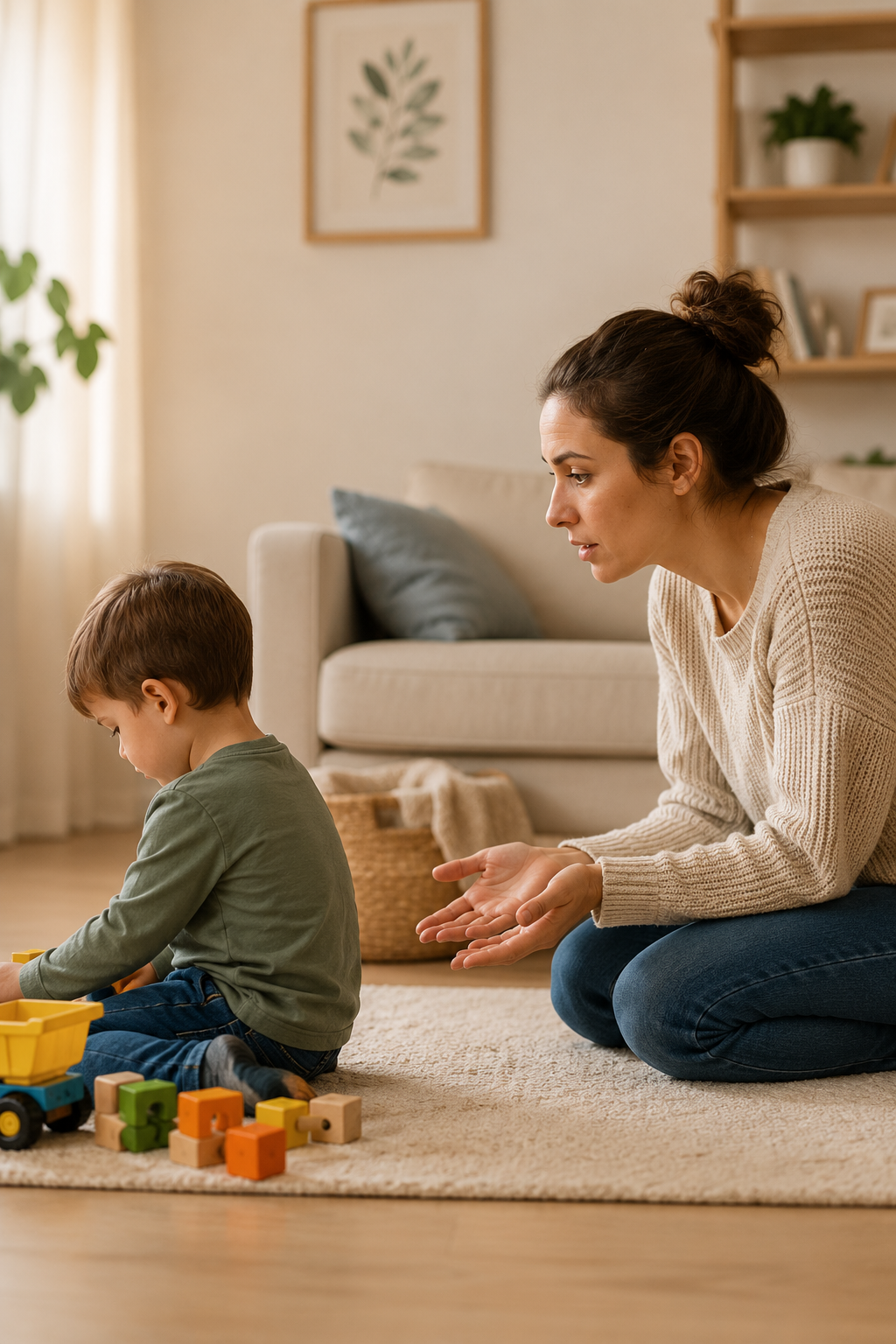 Mother calmly speaking to young child who is focused on playing instead of listening.