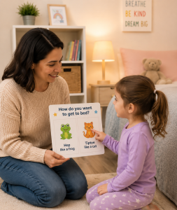 Child choosing whether to hop or tiptoe to the next activity with help from a parent.