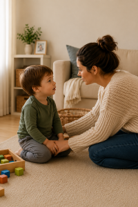 Mother kneeling at eye level with young child during a calm parenting moment at home.