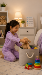 Child putting toys into a storage bin during a simple cleanup routine.