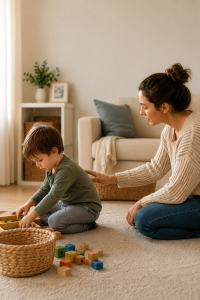 Young child focused on playing while mother calmly sits nearby in a warm home environment.