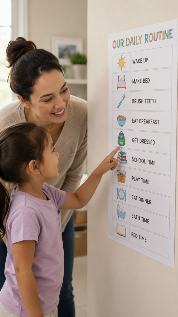 Parent and child looking at a simple picture routine chart on the wall.
