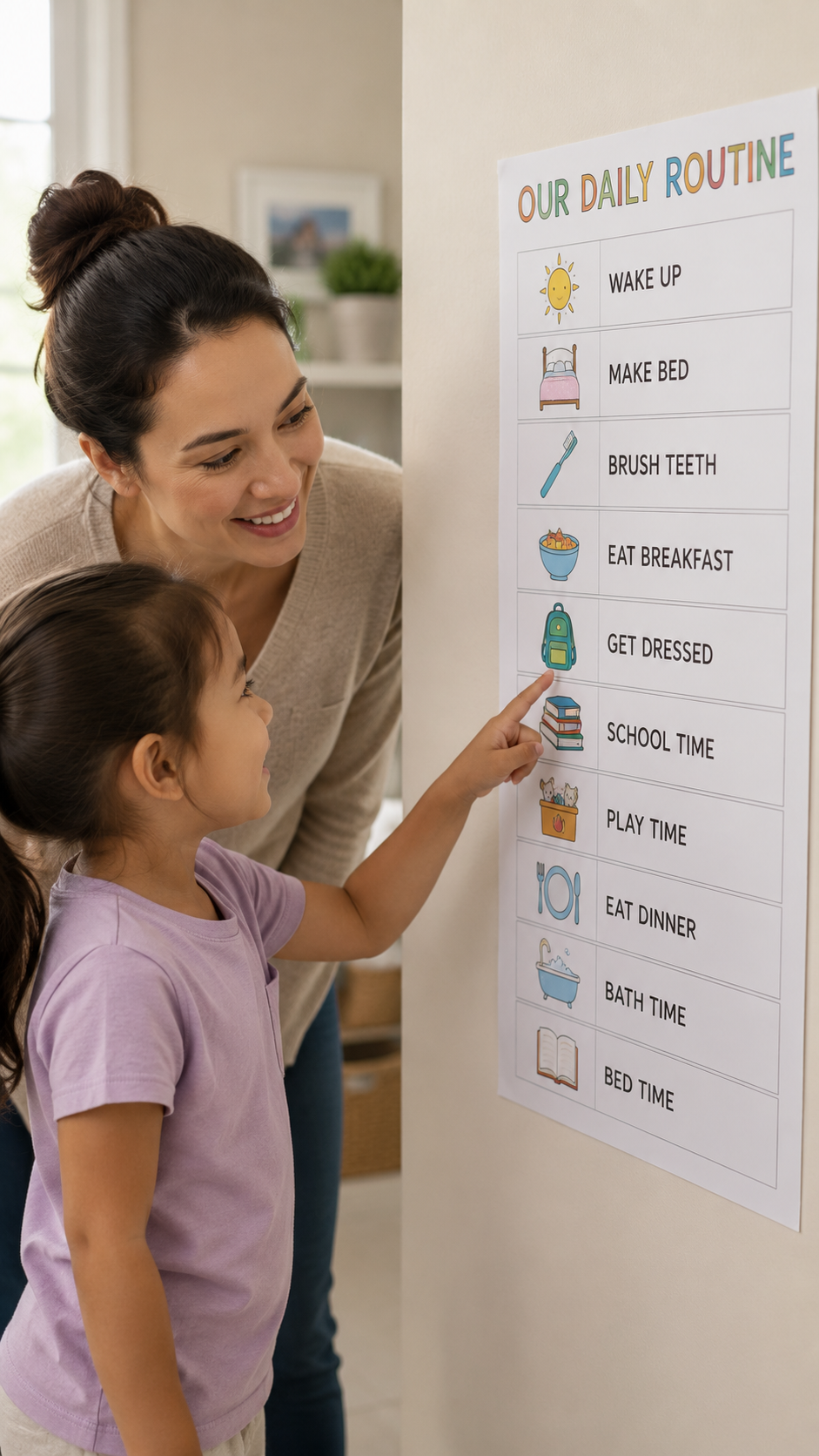 Parent and child looking at a simple picture routine chart on the wall.