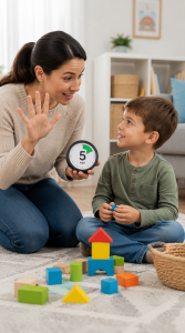Parent giving child a five-minute warning using a timer to help with smoother transitions.