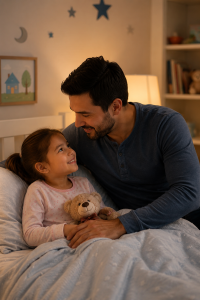 Parent comforting a child at bedtime while providing emotional support and reassurance