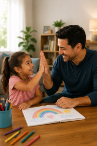 Parent encouraging a child and celebrating effort during a learning activity