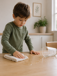 Child helping clean up a spilled drink as a natural consequence of a mistake.