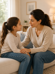Parent and child sitting together and sharing a calm, connected moment that helps build emotional security and trust.