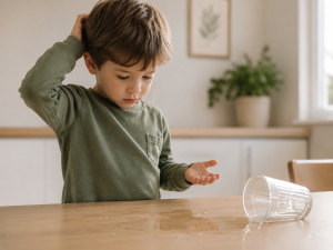 Child looking at a spilled drink and considering what to do next.