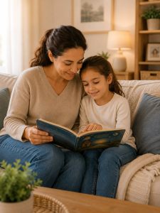 Parent and child reading a book together, demonstrating how everyday moments of connection help children feel loved and secure.