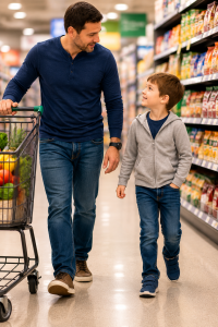 Father and child walking together in a grocery store