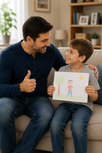 Father encouraging his child after completing a drawing