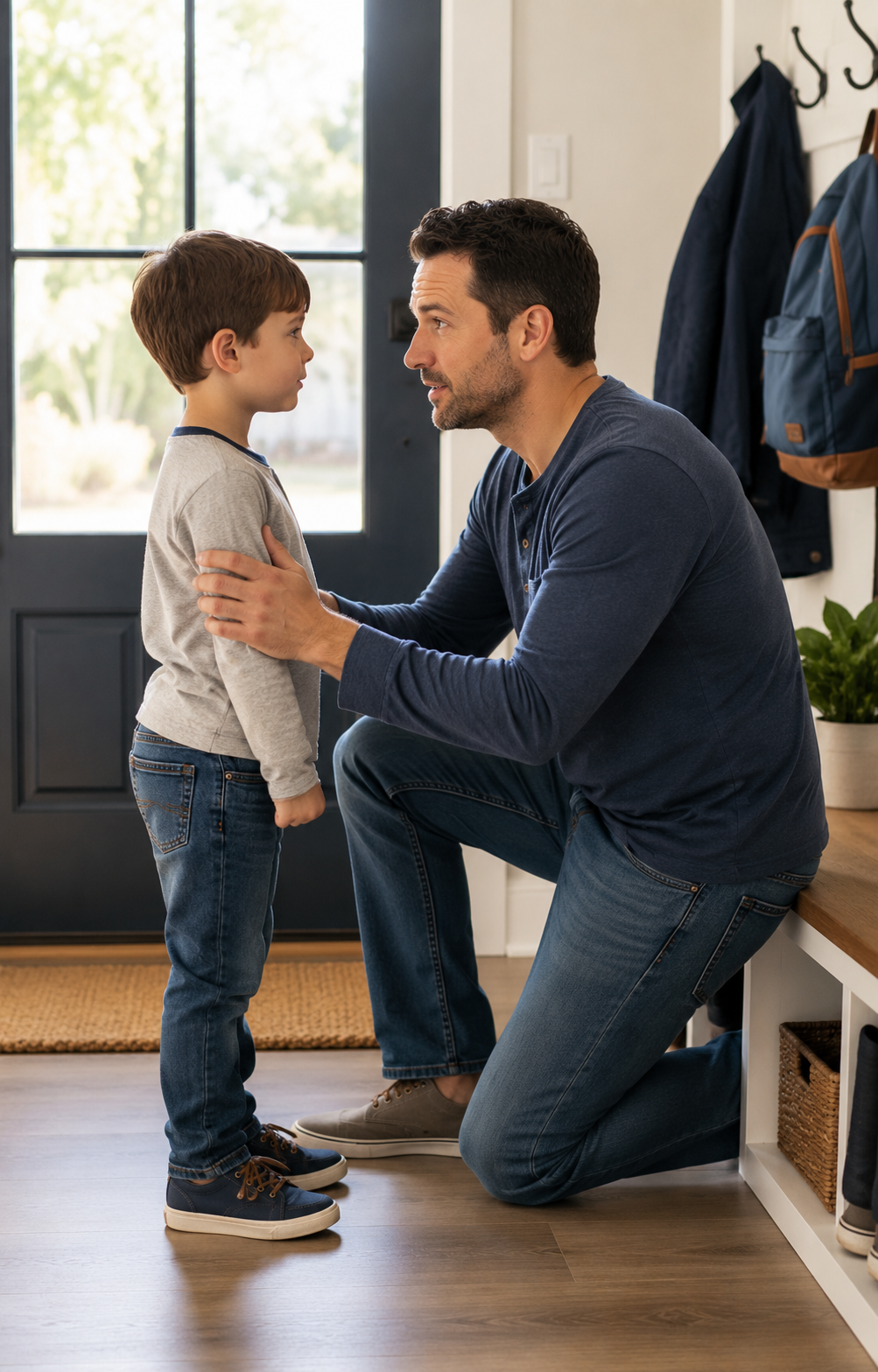Father setting clear expectations with his child before leaving home