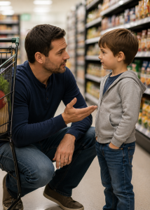 Father setting clear expectations with his child in a grocery store