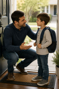 Father setting expectations with his child before leaving home